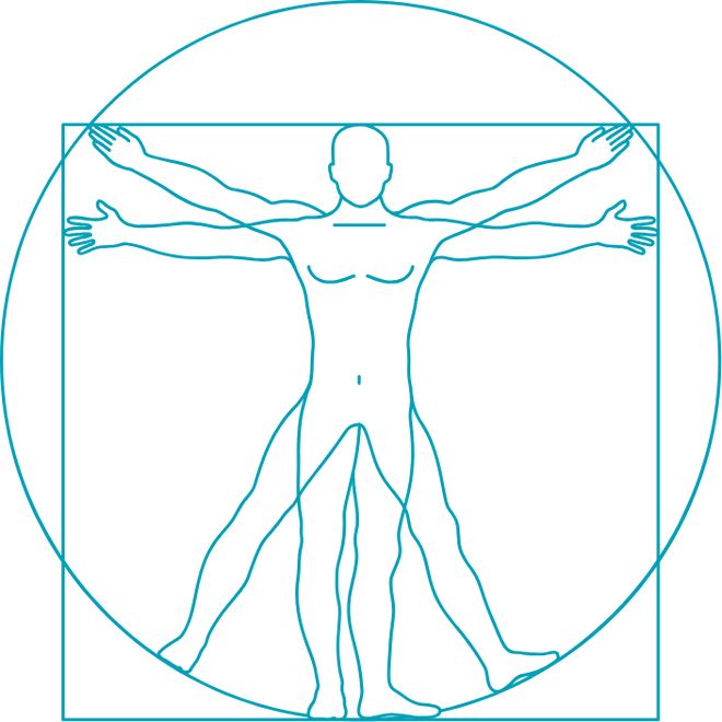 Image bleue inspirée de "l'Homme de Vitruve", par De Vinci